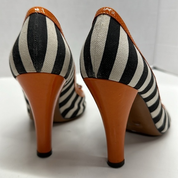 Moschino High Heels Heeled Shoes Peep Toe Bow Striped Black White Orange Size 8 - Picture 5 of 10